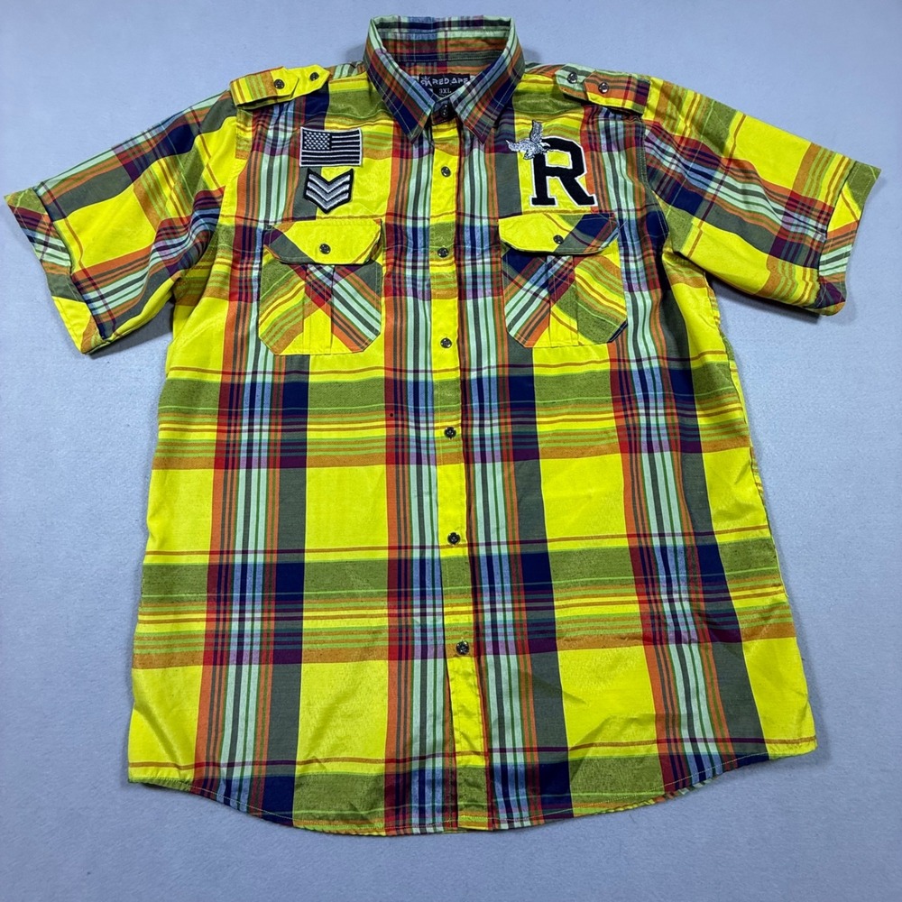 Red Ape Mens 3XL Yellow Plaid Short Sleeve Button Up Shirt Military Patches